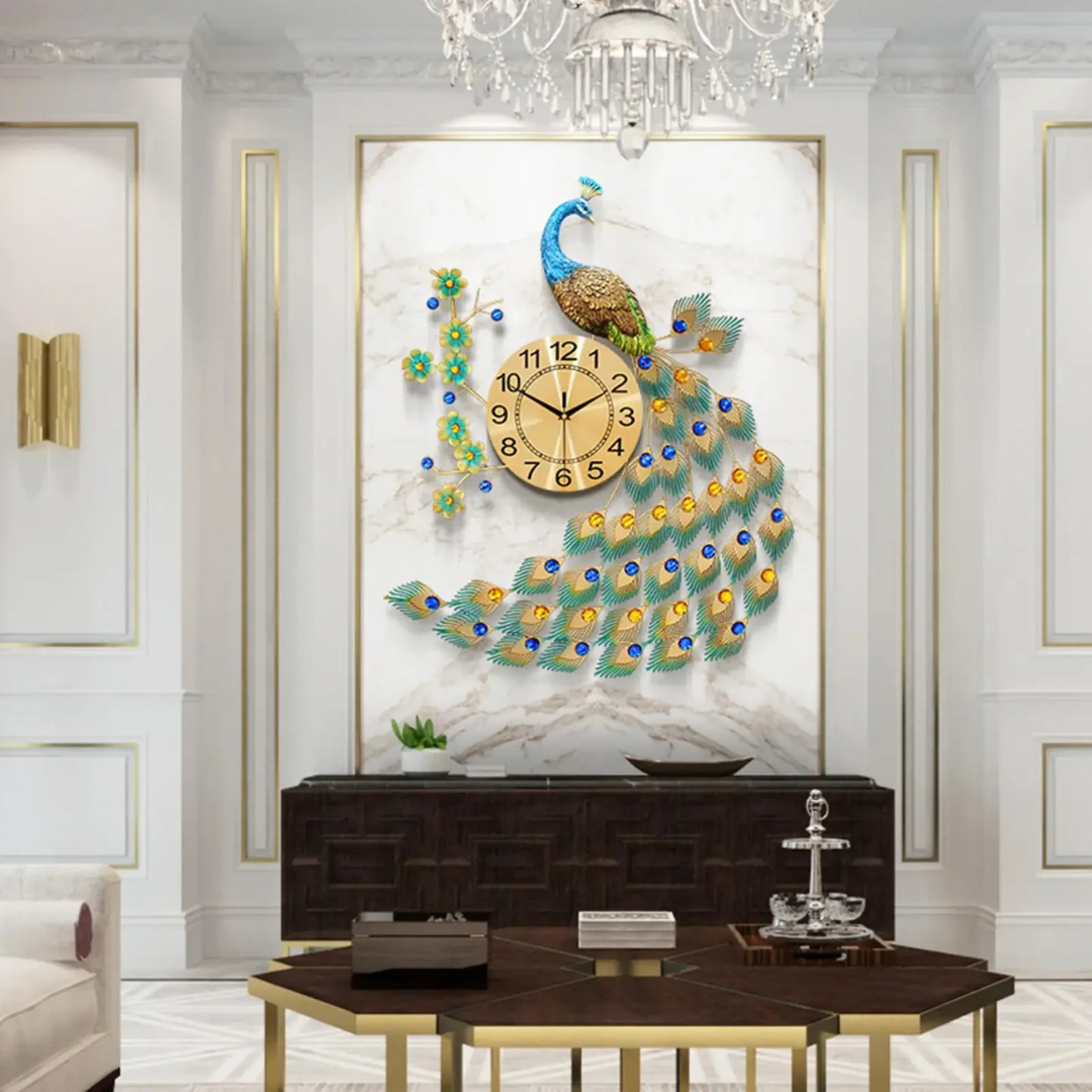Vintura - Horloge murale grande paon élégante pour une décoration de salon accrocheuse