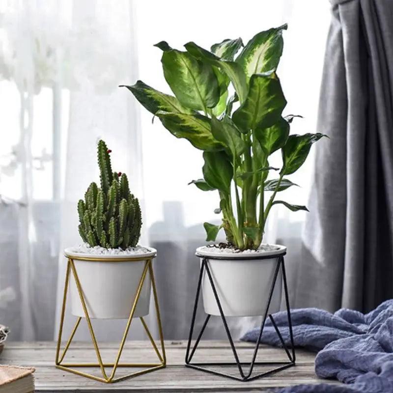 Pot en céramique élégant avec support en fer - Planteur moderne pour plantes aériennes et succulentes