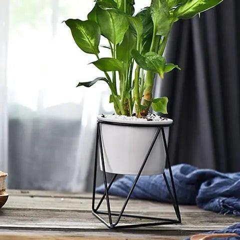 Pot en céramique élégant avec support en fer - Planteur moderne pour plantes aériennes et succulentes