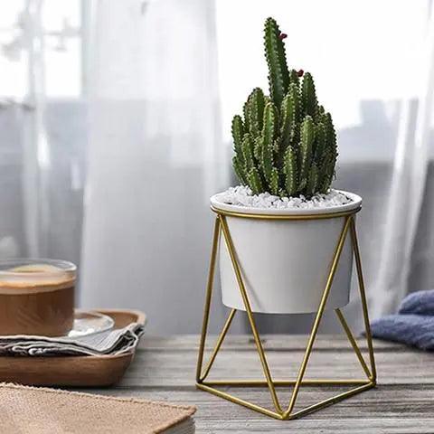 Pot en céramique élégant avec support en fer - Planteur moderne pour plantes aériennes et succulentes