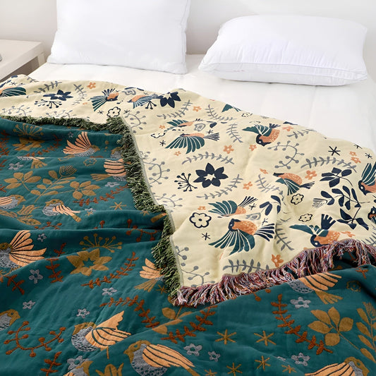 Couverture réversible en coton avec motif fleurs et oiseaux – Choix sommeil vert en 150x200 cm ou 200x230 cm