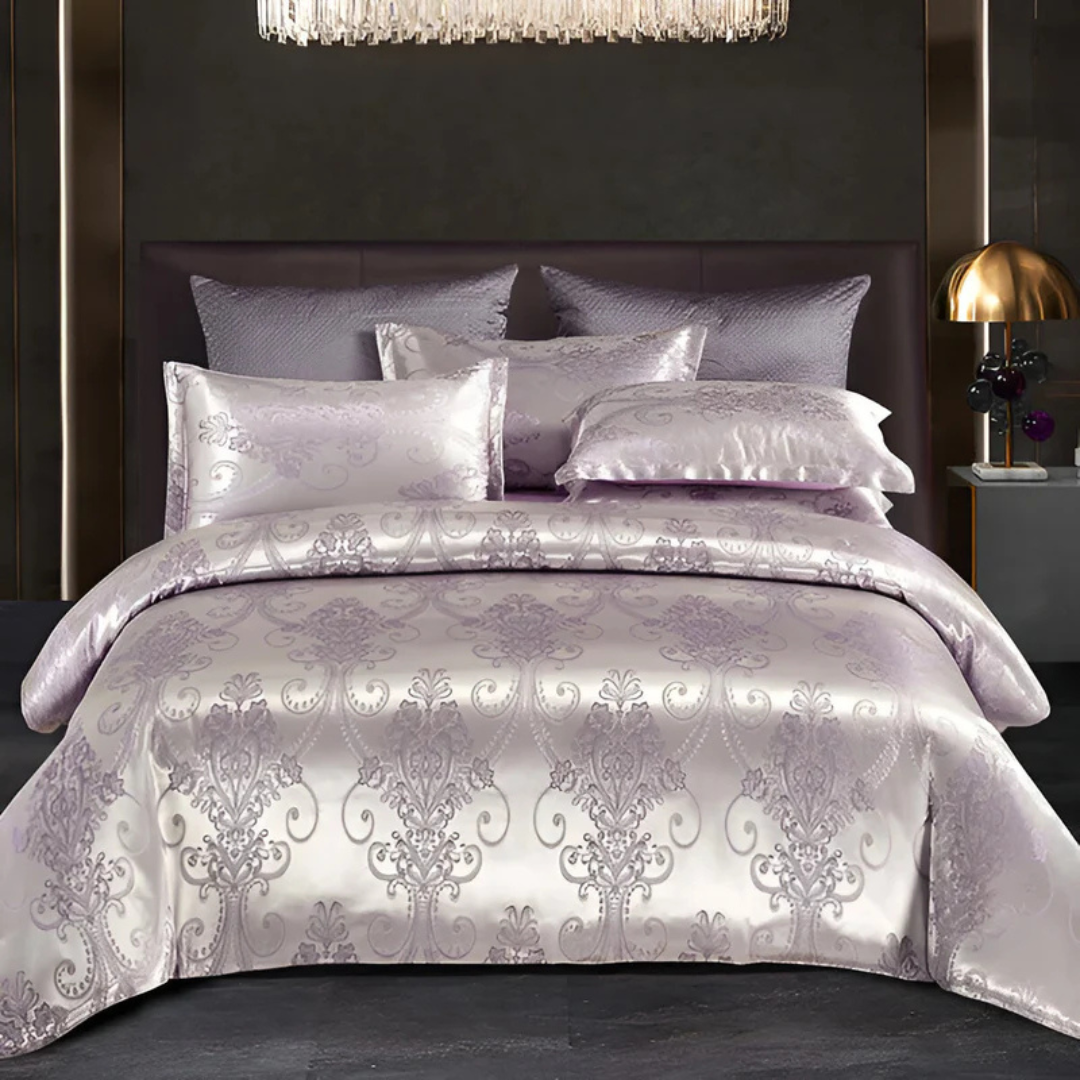 Housse de lit élégante en satin avec motif jacquard – Literie douce et soyeuse, respirante pour chambres luxueuses