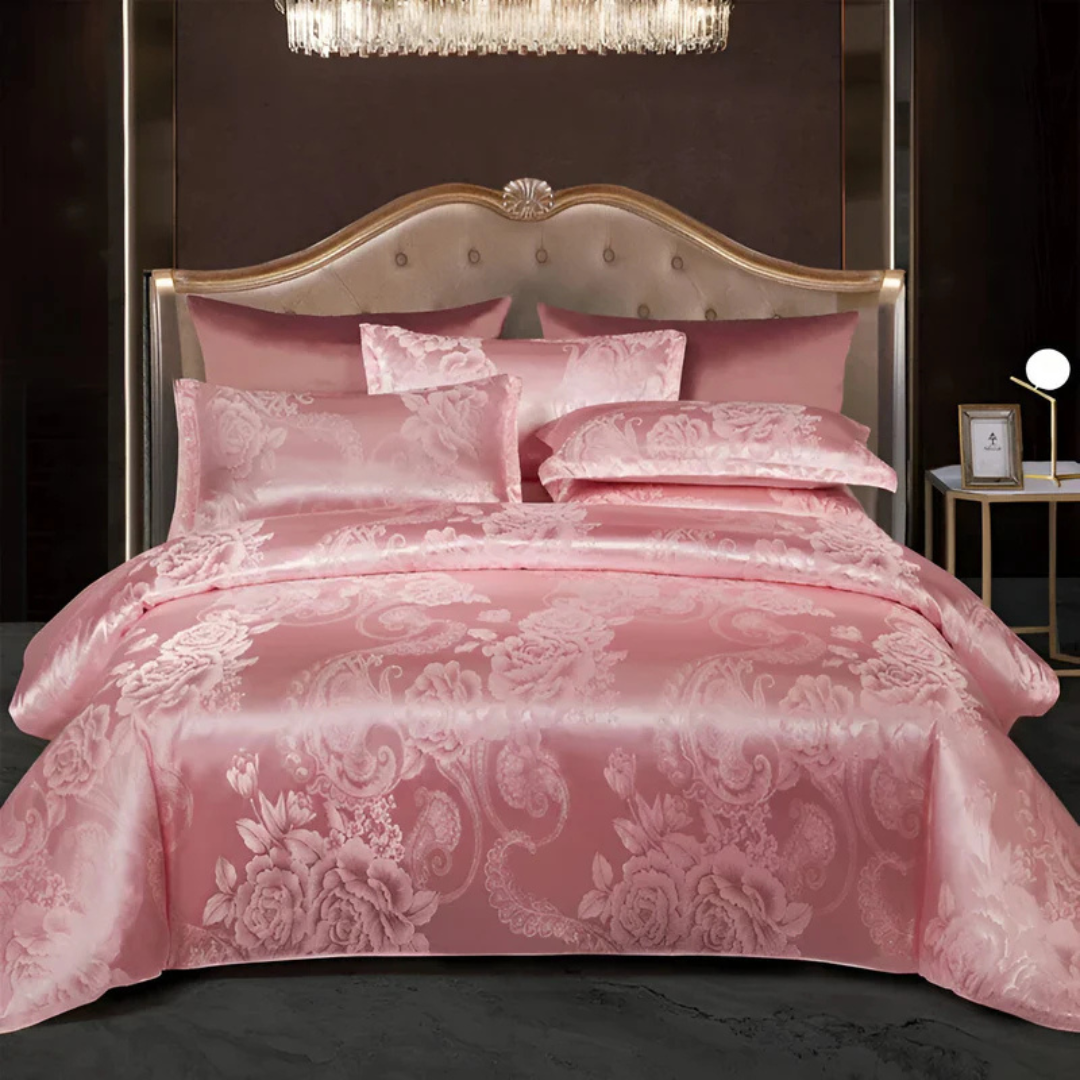 Housse de lit élégante en satin avec motif jacquard – Literie douce et soyeuse, respirante pour chambres luxueuses