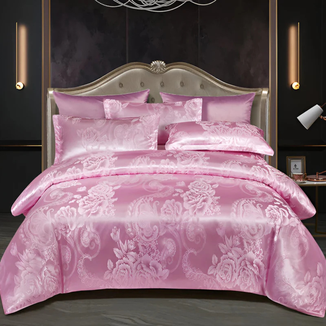 Housse de lit élégante en satin avec motif jacquard – Literie douce et soyeuse, respirante pour chambres luxueuses