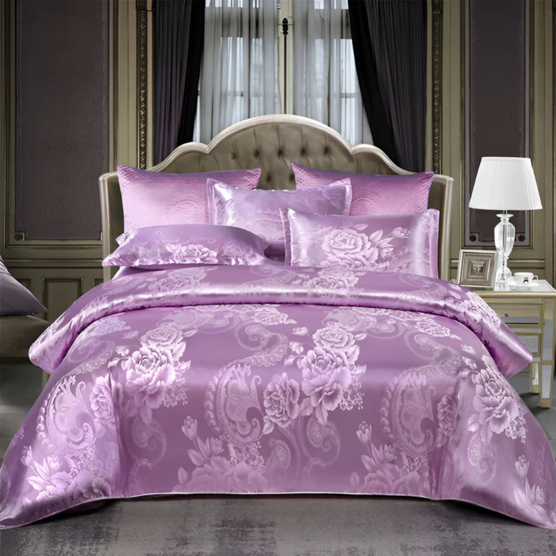 Housse de lit élégante en satin avec motif jacquard – Literie douce et soyeuse, respirante pour chambres luxueuses