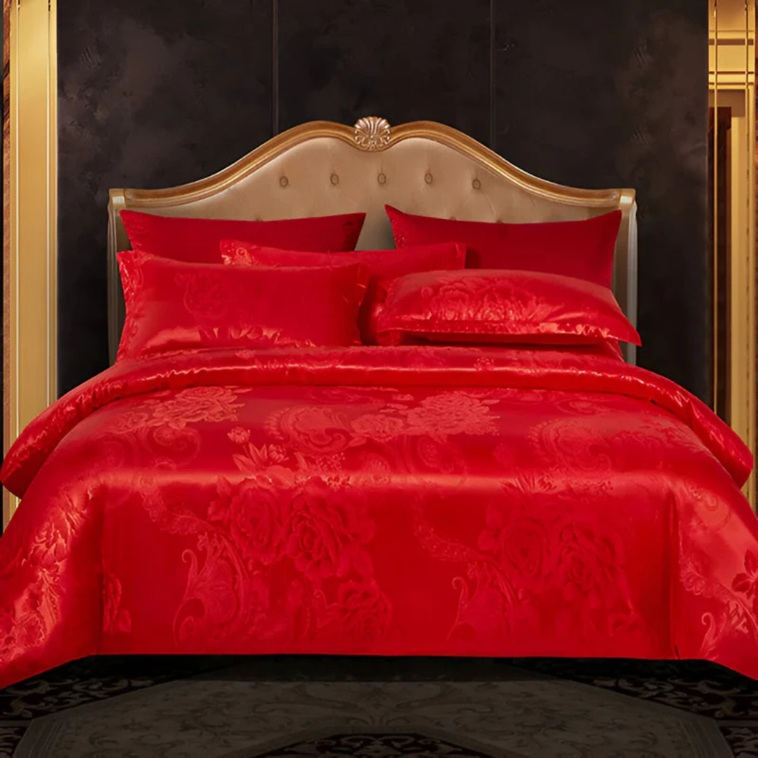Housse de lit élégante en satin avec motif jacquard – Literie douce et soyeuse, respirante pour chambres luxueuses