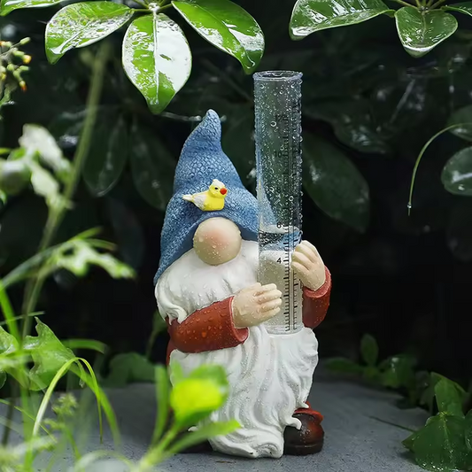Soraya - Statue de jardin charmante de gnome avec pluviomètre en résine pour une décoration de jardin enchanteresse