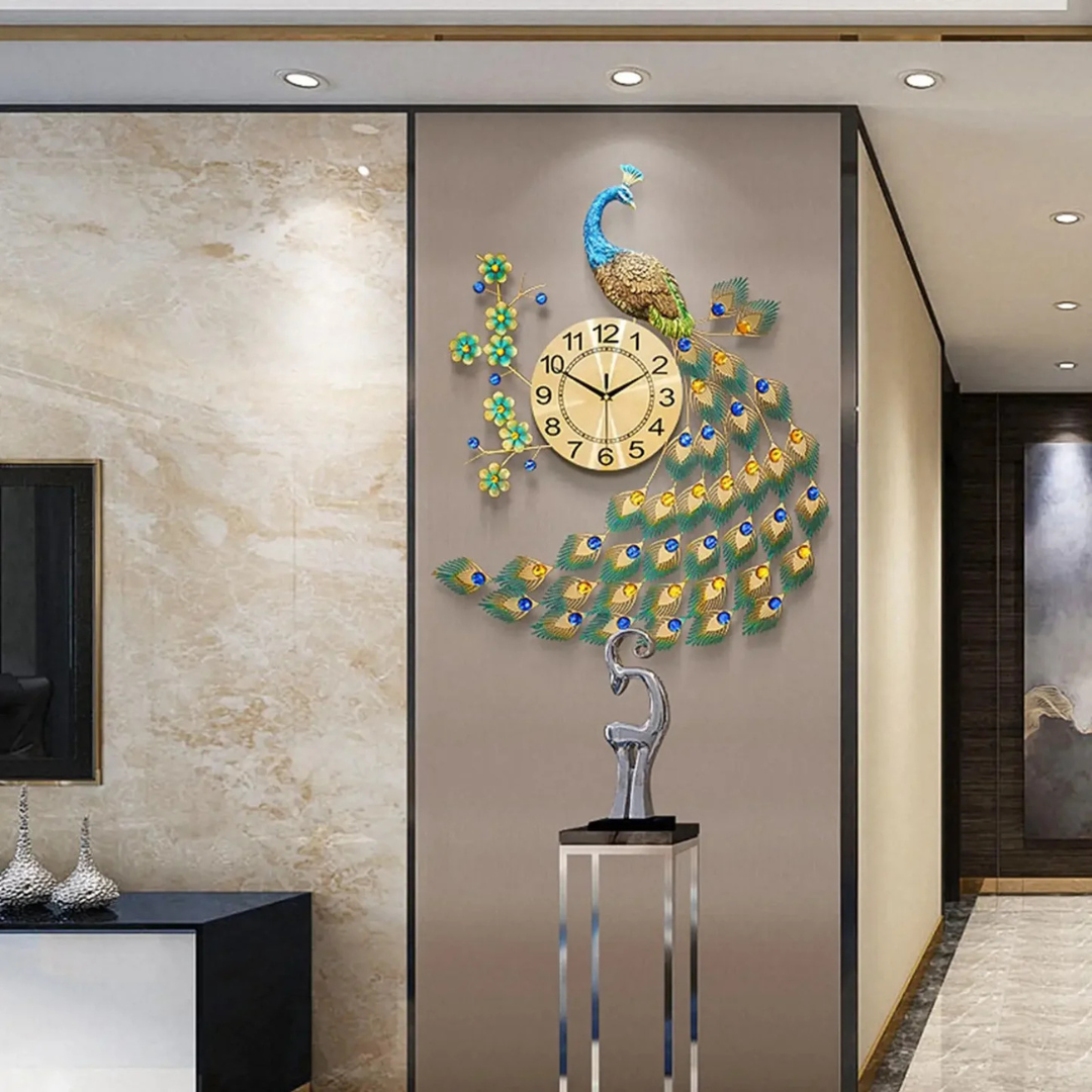 Vintura - Horloge murale grande paon élégante pour une décoration de salon accrocheuse