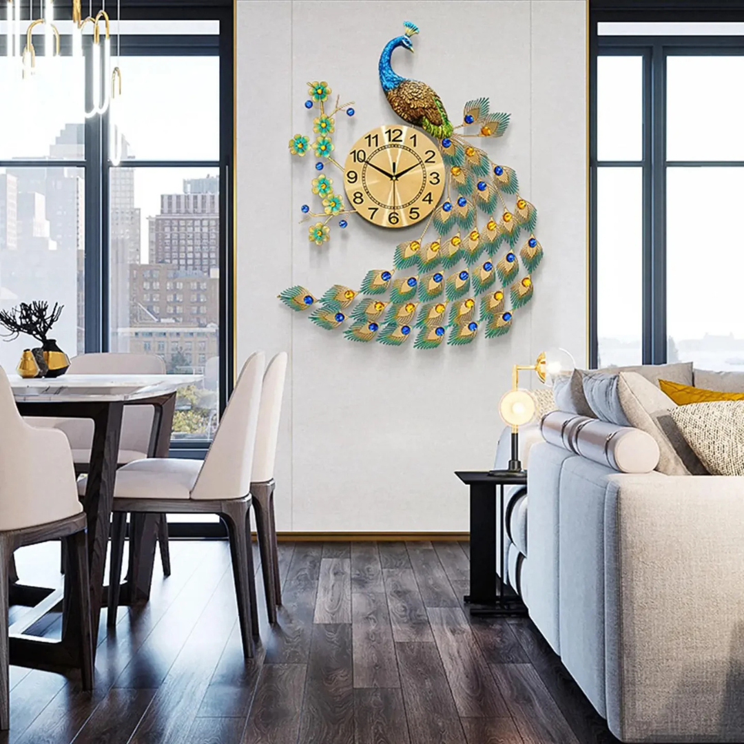 Vintura - Horloge murale grande paon élégante pour une décoration de salon accrocheuse