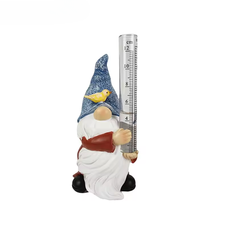 Soraya - Statue de jardin charmante de gnome avec pluviomètre en résine pour une décoration de jardin enchanteresse