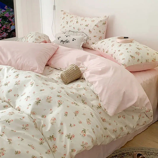 Ensemble de literie fleur rose romantique - Housse de couette en polyester doux et taies d'oreiller pour une chambre confortable