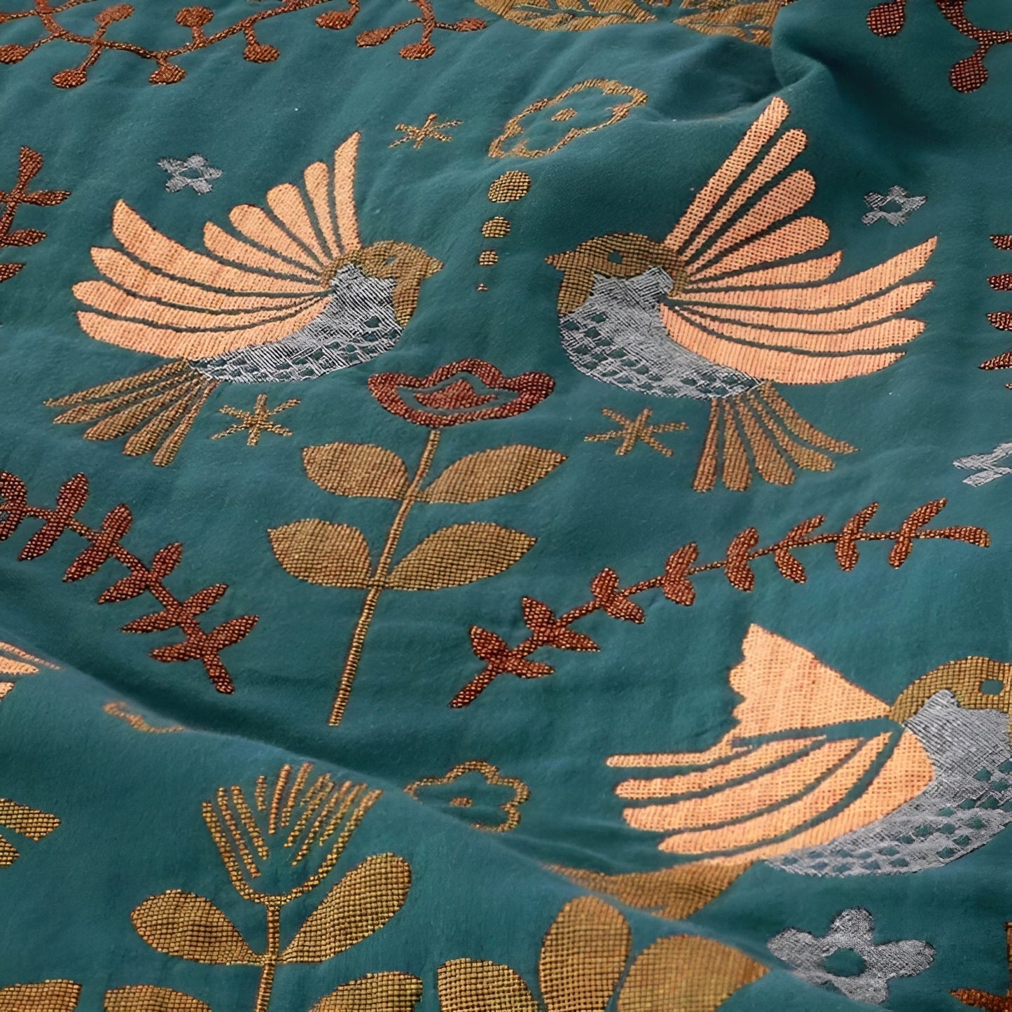 Couverture réversible en coton avec motif fleurs et oiseaux – Choix sommeil vert en 150x200 cm ou 200x230 cm