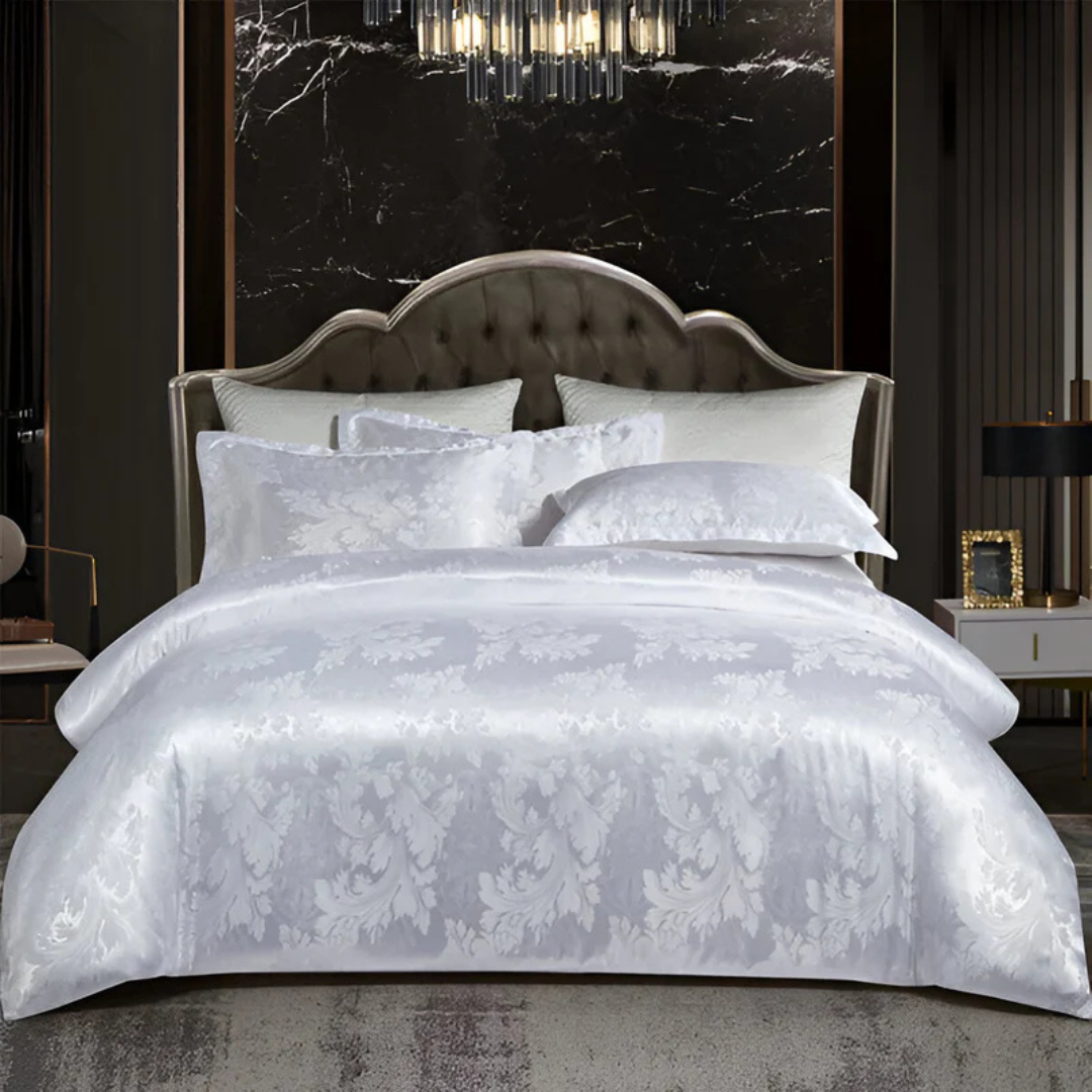 Housse de lit élégante en satin avec motif jacquard – Literie douce et soyeuse, respirante pour chambres luxueuses